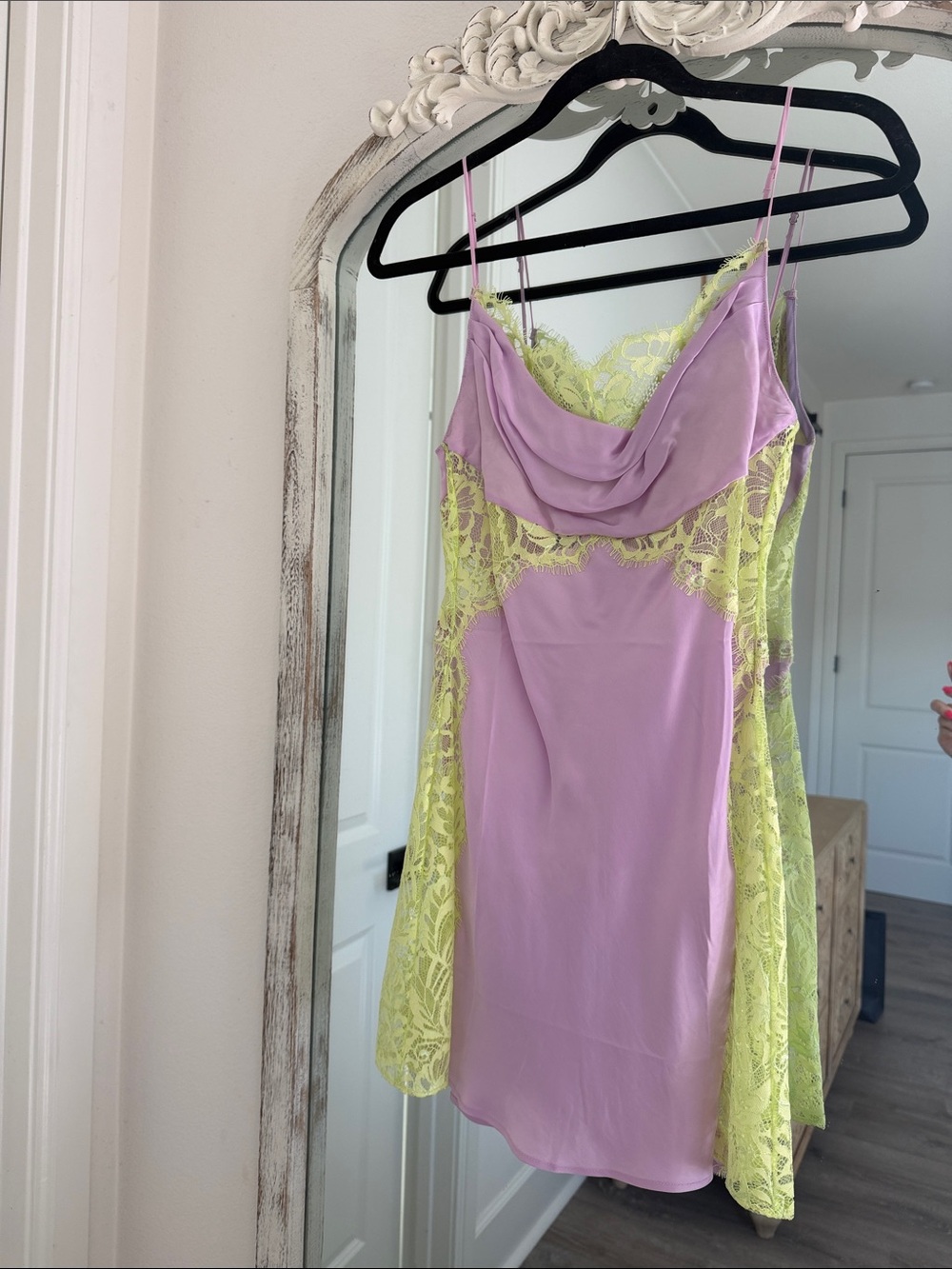 NEVER WORN! For Love & Lemons Lavender low back Slip Dress with Lime Lace Trim